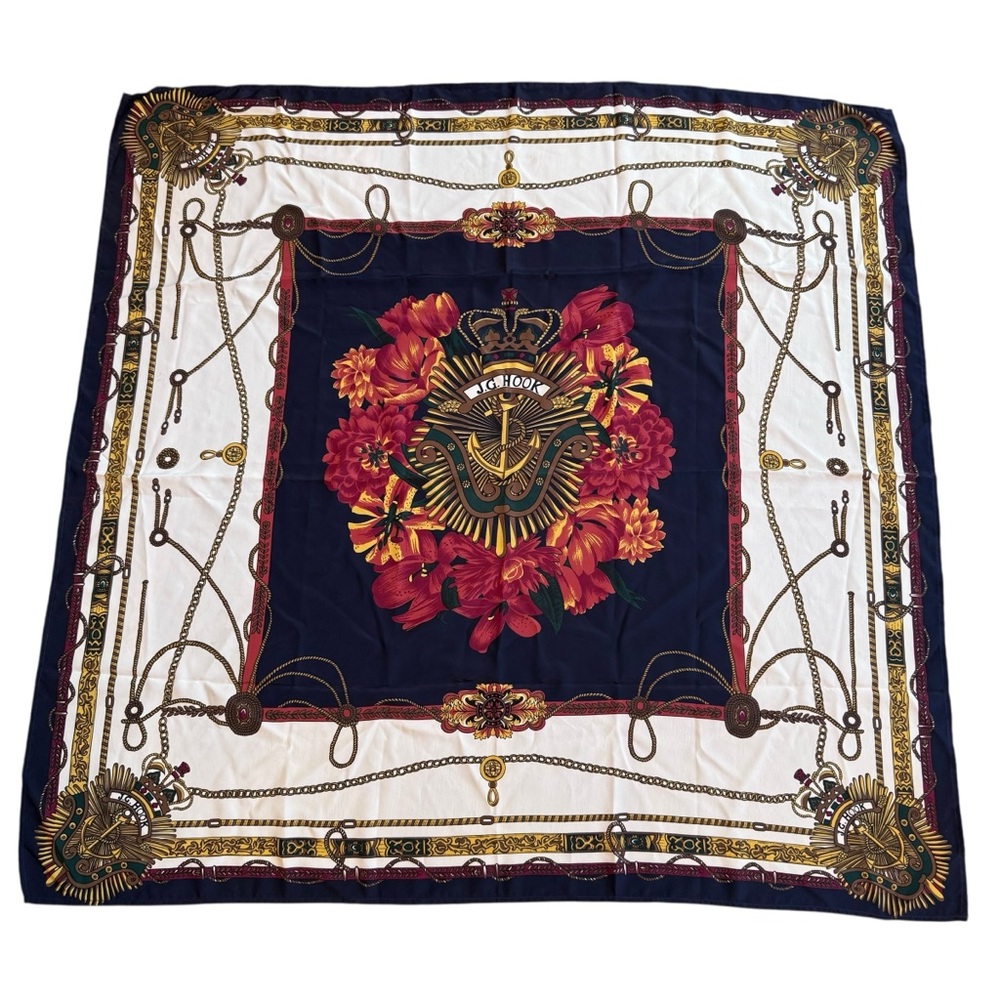 Vtg 80s JG Hook Anchor Floral 34" Sq Polyester Scarf Crown Chain Nautical Regal